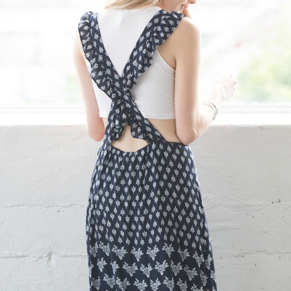 Navy Blue Floral Boho Pinafore Maxi Dress - Picture 2 of 5